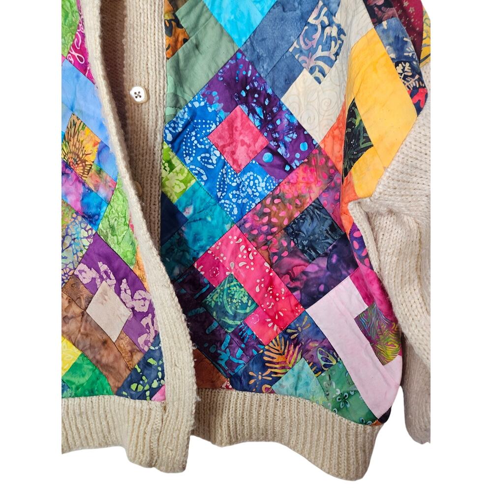 Handmade L Quilt Cardigan Sweater Multicolor Whimsygoth Cottage Art to Wear - Picture 4 of 5